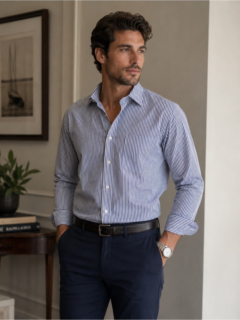 Ralph Lauren Men's Blue and White Striped Dress Shirt